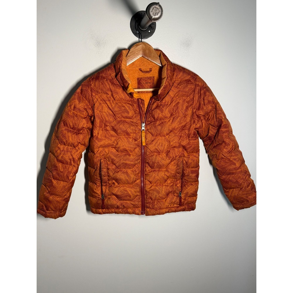 LL Bean Kids Orange Red Geometric Down Puffer Jacket Fleece Lined Size S 8